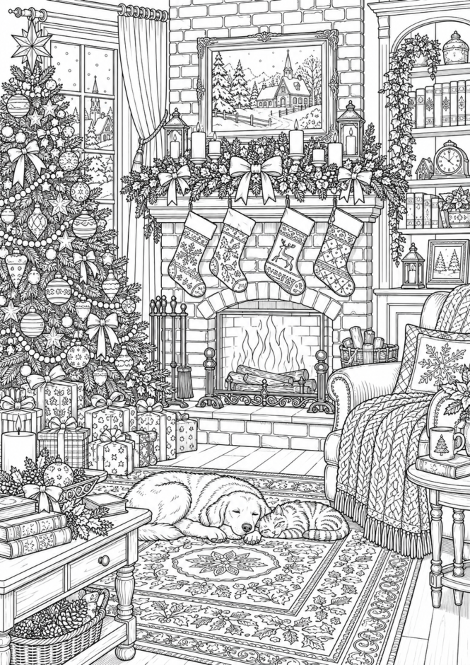 暖炉のあるクリスマスの部屋の塗り絵【難しい】 クリスマス ぬりえ 無料プリント No.42(むずかしい)