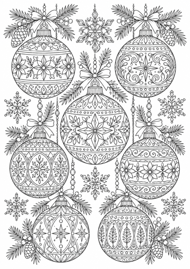 雪の結晶とクリスマスオーナメントの塗り絵【難しい】 クリスマス ぬりえ 無料プリント No.43(むずかしい)