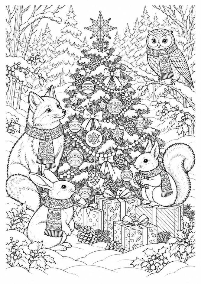 森の動物たちのクリスマスの塗り絵【難しい】 クリスマス ぬりえ 無料プリント No.44(むずかしい)