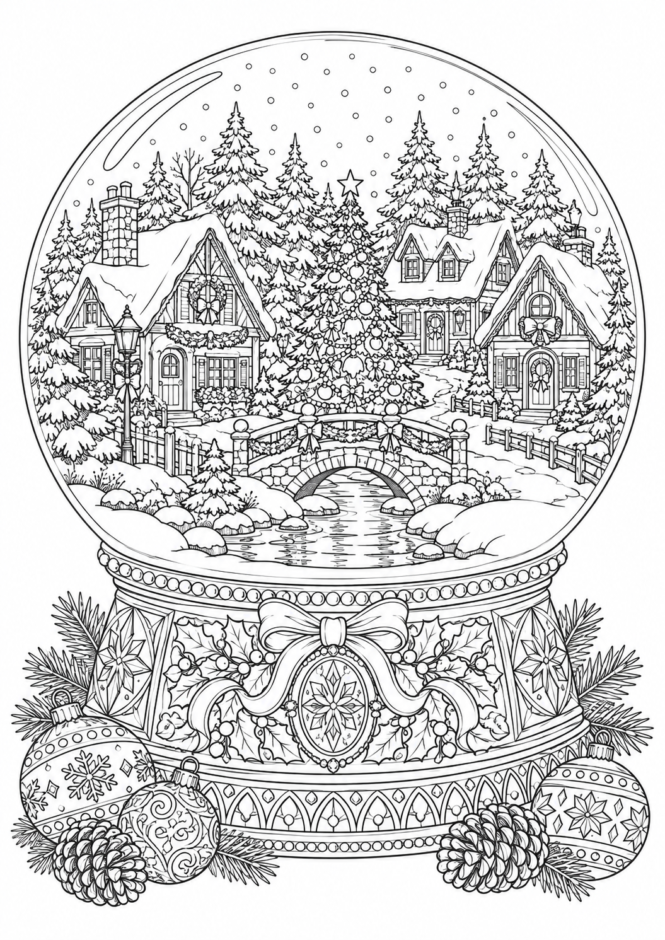 クリスマスのスノードームの塗り絵【難しい】 クリスマス ぬりえ 無料プリント No.45(むずかしい)