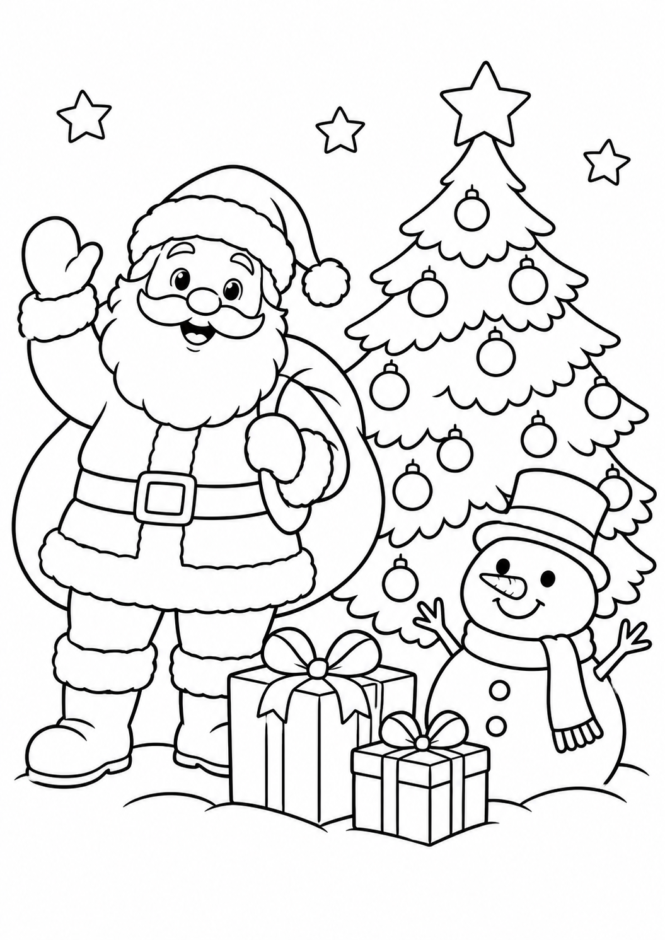 サンタクロースとクリスマスツリーの塗り絵 クリスマス ぬりえ 無料プリント No.11(かわいい)
