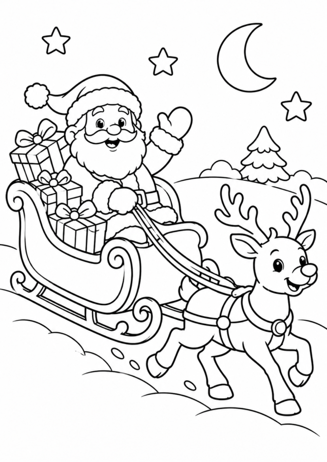 そりに乗ったサンタクロースの塗り絵 クリスマス ぬりえ 無料プリント No.12(かわいい)