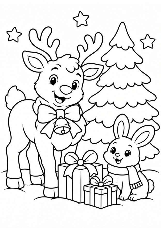 トナカイとプレゼントの塗り絵 クリスマス ぬりえ 無料プリント No.13(かわいい)