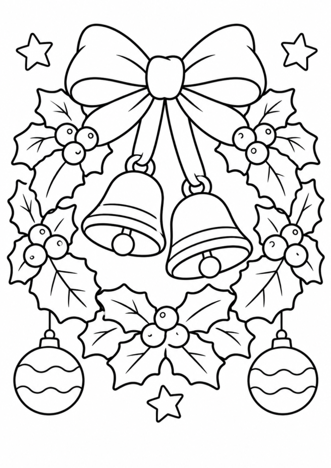 クリスマスリースとベルの塗り絵 クリスマス ぬりえ 無料プリント No.15(かわいい)