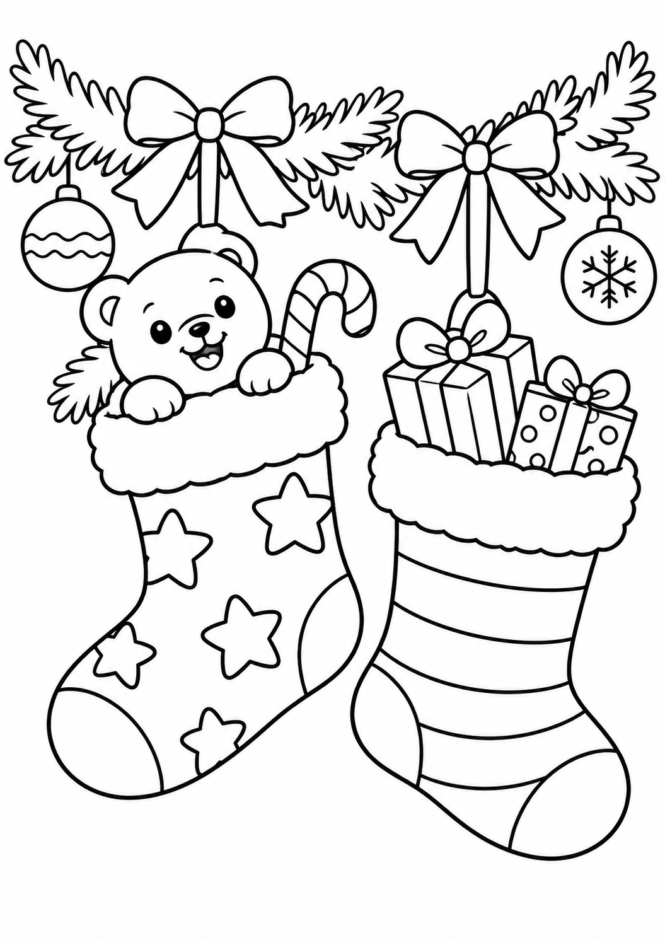 プレゼントが入ったクリスマスの靴下の塗り絵 クリスマス ぬりえ 無料プリント No.16(かわいい)