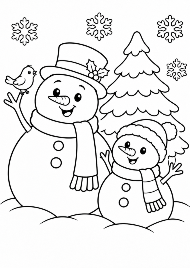 なかよし雪だるまの塗り絵 クリスマス ぬりえ 無料プリント No.17(かわいい)