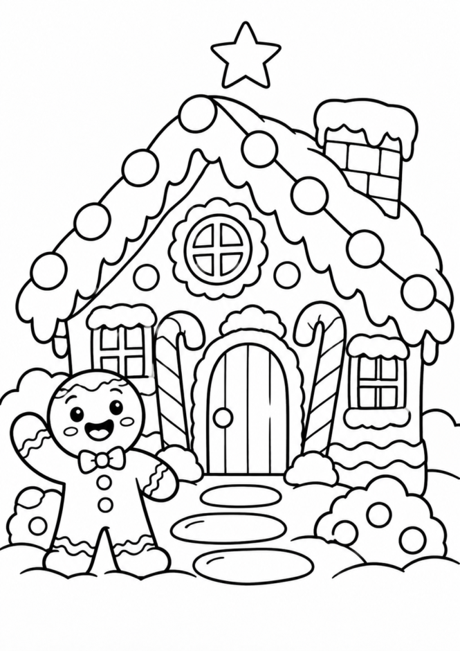 クリスマスのお菓子の家の塗り絵 クリスマス ぬりえ 無料プリント No.18(かわいい)