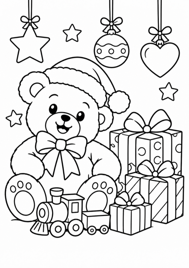 くまのぬいぐるみとクリスマスプレゼントの塗り絵 クリスマス ぬりえ 無料プリント No.19(かわいい)