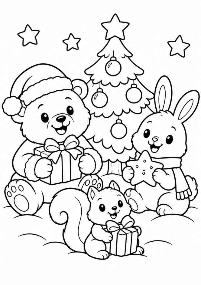 動物たちのクリスマスの塗り絵 クリスマス ぬりえ 無料プリント No.20(かわいい)