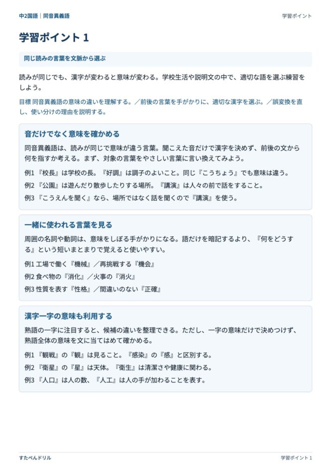 中2国語「同音異義語」の学習ポイントプリント|同じ読みの言葉を文脈から選ぶ(校長・好調、公園・講演)