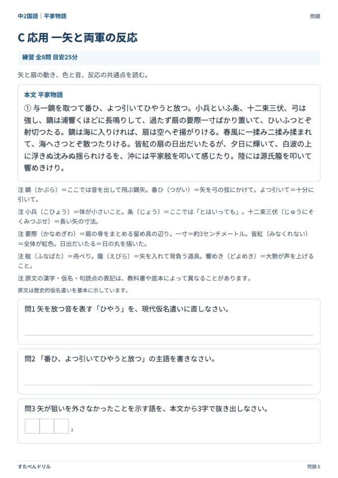 中2国語「平家物語」の問題プリント 6ページ目｜C 一矢と両軍の反応（本文・設問）