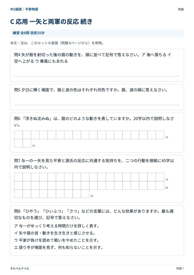 中2国語「平家物語」の問題プリント 7ページ目｜C 一矢と両軍の反応（設問）