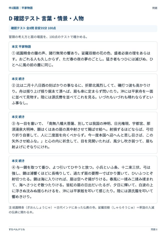 中2国語「平家物語」の問題プリント 8ページ目｜D 言葉・情景・人物（本文）