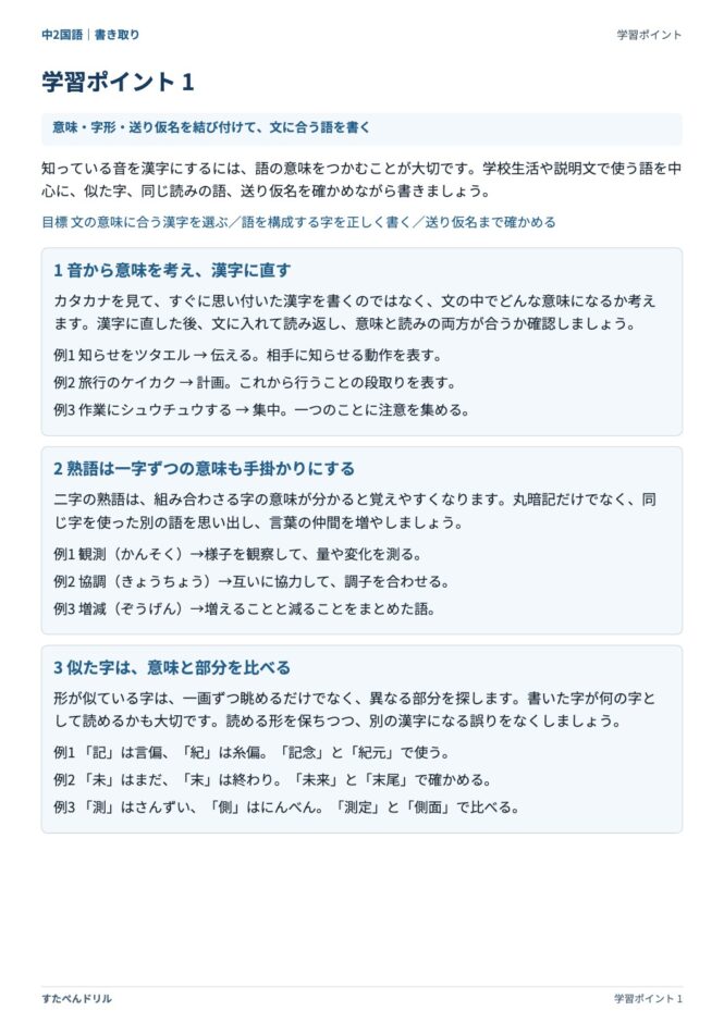 中2国語「漢字の書き取り」の学習ポイントプリント｜意味・字形・送り仮名を結び付けて文に合う語を書く