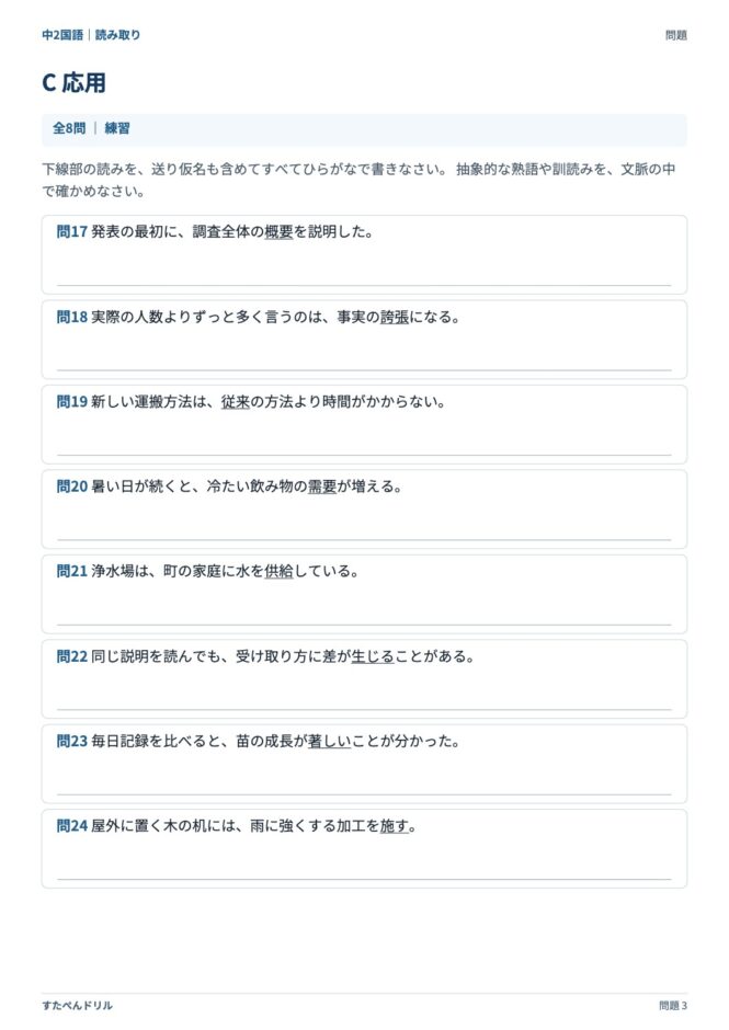 中2国語「漢字の読み取り」の問題プリント 3ページ目｜C 応用