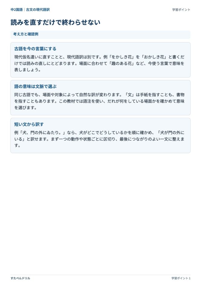 中2国語「古文の現代語訳」の学習ポイントプリント|読みを直すだけで終わらせない・短い文から訳す