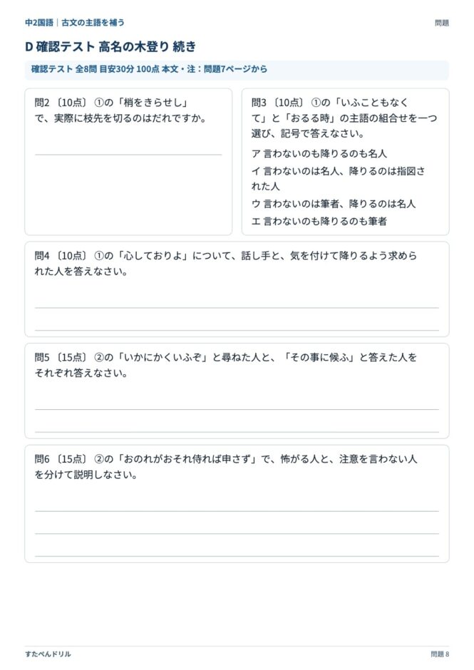 中2国語「古文の主語を補う」の問題プリント 8ページ目｜D 高名の木登り（設問）