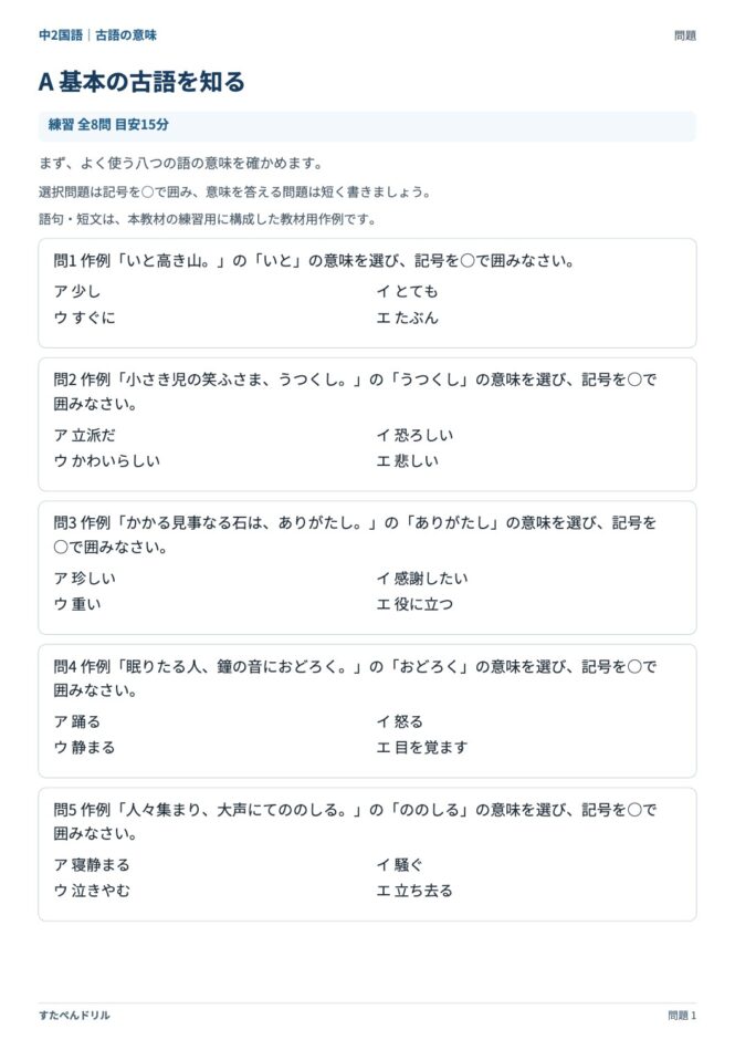 中2国語「古語の意味」の問題プリント｜セットA 基本の古語を知る（いと・うつくし・ありがたし など）