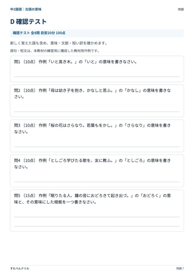 中2国語「古語の意味」の問題プリント 7ページ目｜D 確認テスト（100点満点）