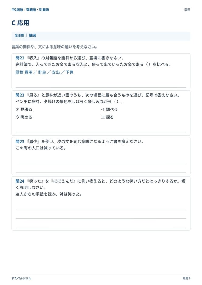 中2国語「類義語・対義語」の問題プリント 6ページ目｜C 応用（続き）