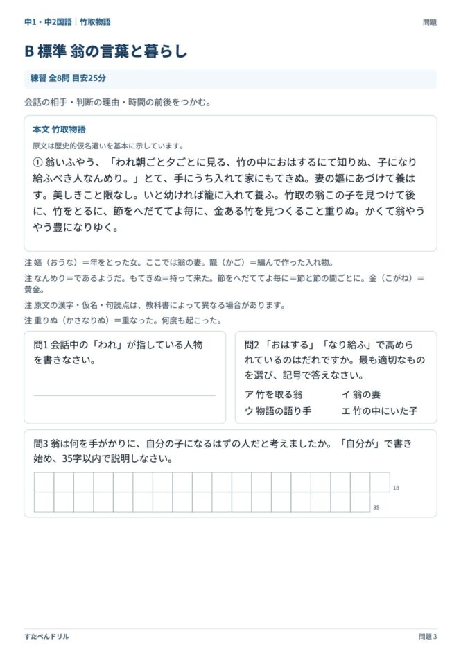 中1・中2国語「竹取物語」の問題プリント 3ページ目｜B 翁の言葉と暮らし（本文・設問）