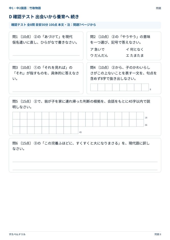 中1・中2国語「竹取物語」の問題プリント 8ページ目｜D 出会いから養育へ（設問）