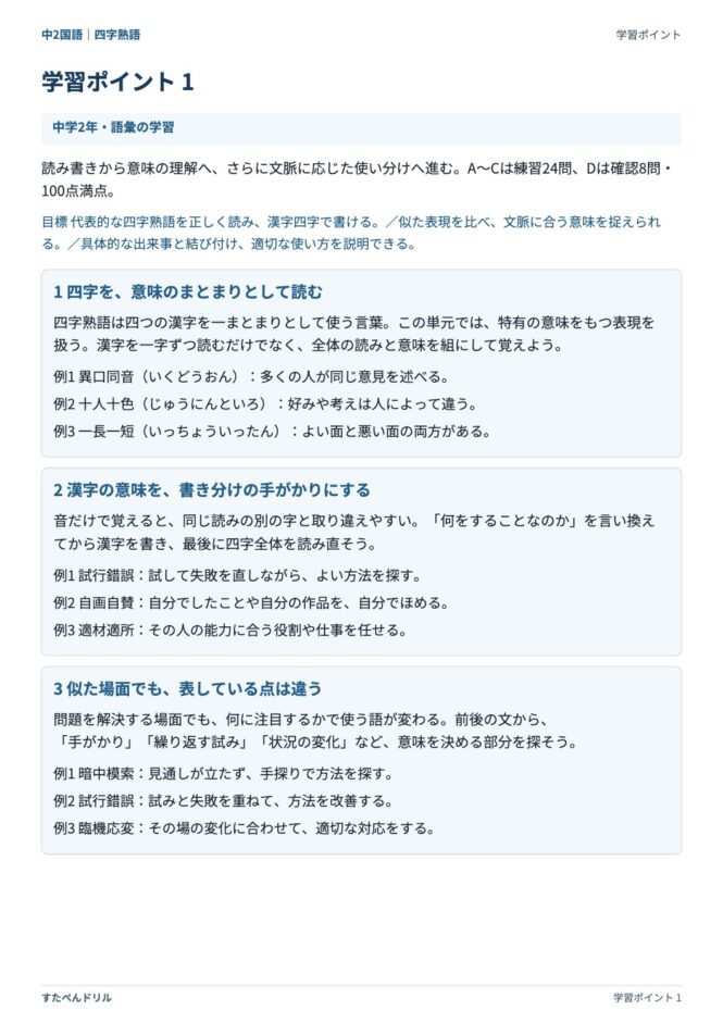 中2国語「四字熟語」の学習ポイントプリント|四字を意味のまとまりとして読む・漢字の意味を書き分けの手がかりにする