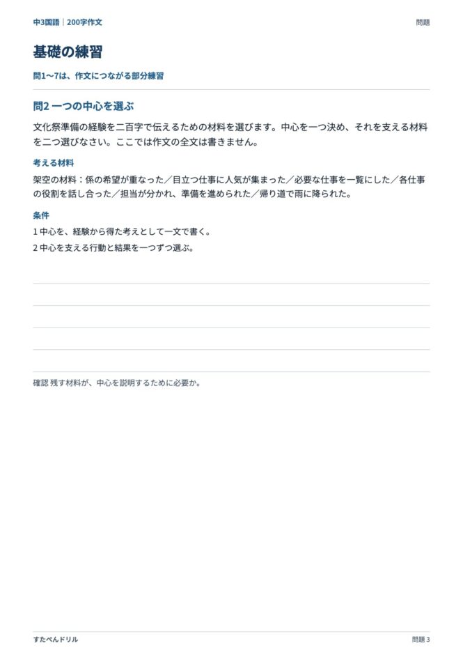 中3国語「200字作文」の問題プリント 3ページ目｜基礎 問2