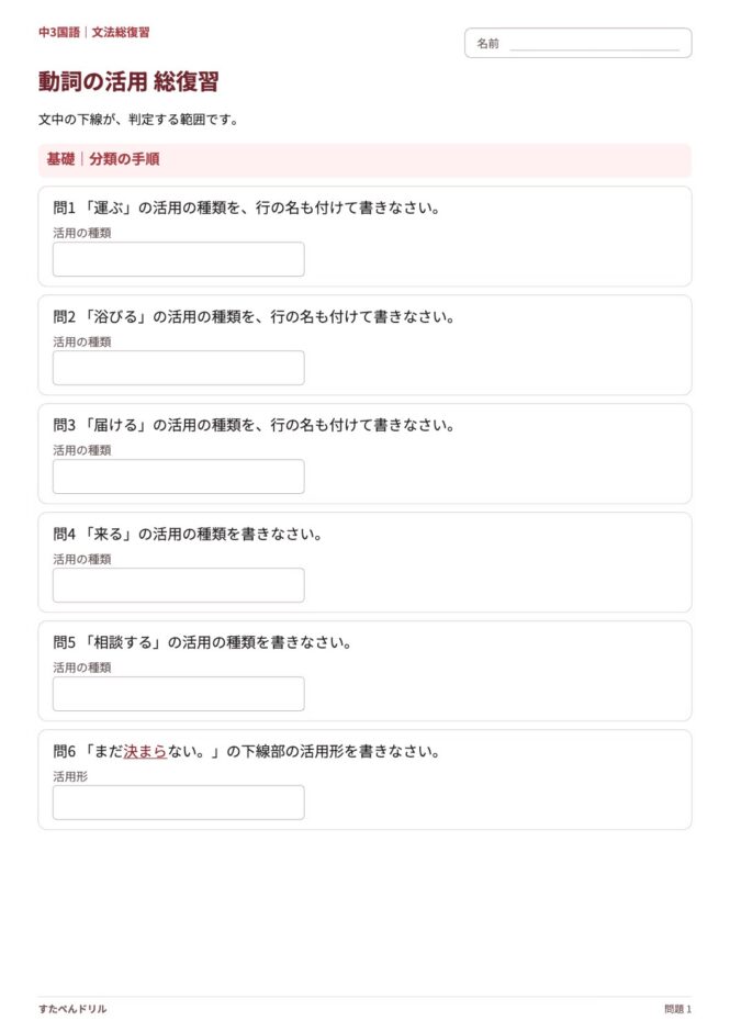 中3国語「動詞の活用 総復習」の問題プリント 1ページ目｜基礎