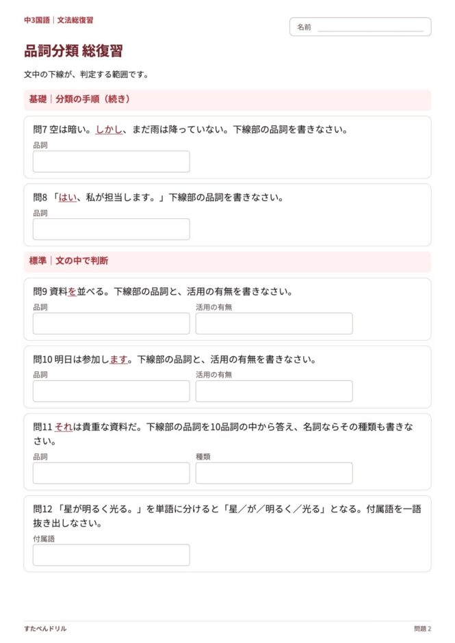 中3国語「品詞分類 総復習」の問題プリント 2ページ目｜基礎・標準