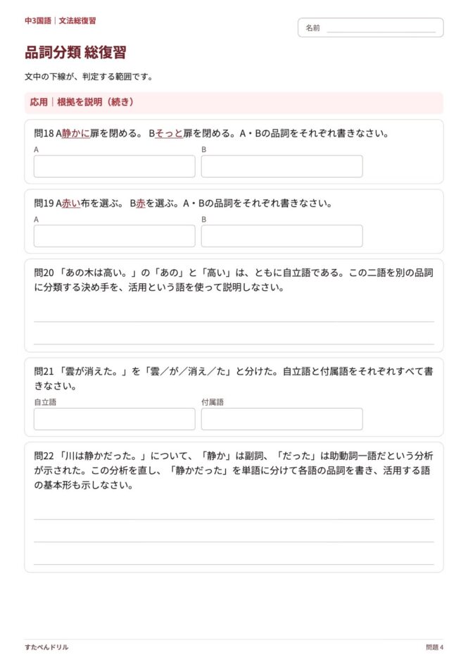 中3国語「品詞分類 総復習」の問題プリント 4ページ目｜応用