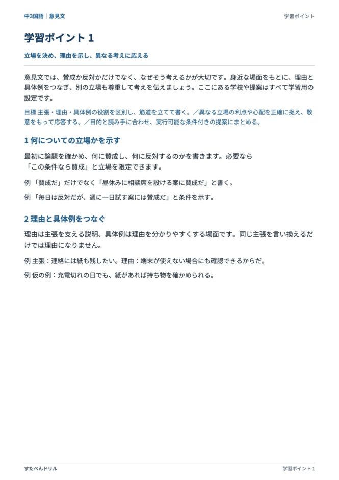中3国語「意見文」の学習ポイントプリント｜何についての立場かを示す、理由と具体例をつなぐ