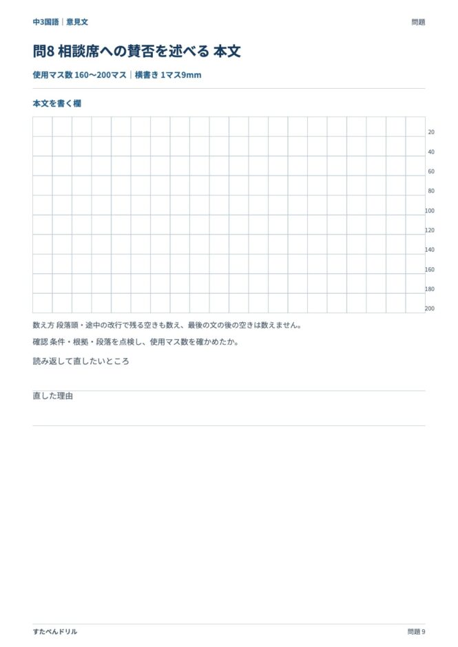 中3国語「意見文」の問題プリント 9ページ目｜応用 問8（本文を書く欄）