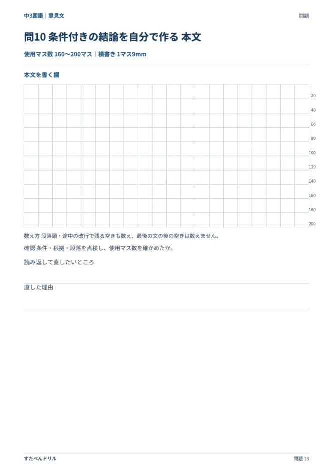 中3国語「意見文」の問題プリント 13ページ目｜応用 問10（本文を書く欄）