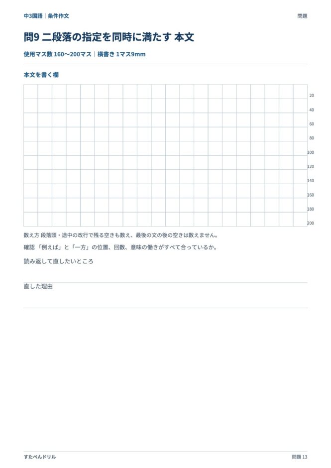 中3国語「条件作文」の問題プリント 13ページ目｜応用 問9（本文を書く欄）