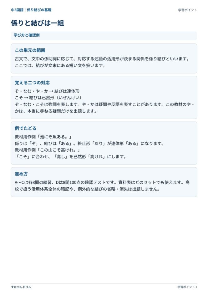 中3国語「係り結びの基礎」の学習ポイントプリント｜ぞ・なむ・や・かは連体形、こそは已然形