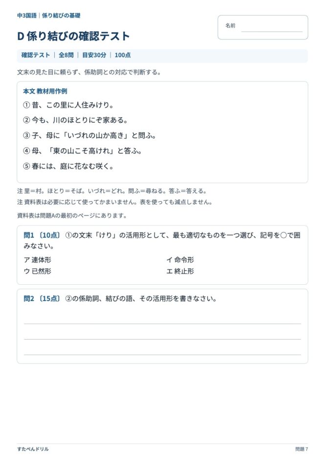 中3国語「係り結びの基礎」の問題プリント 7ページ目｜D 係り結びの確認テスト