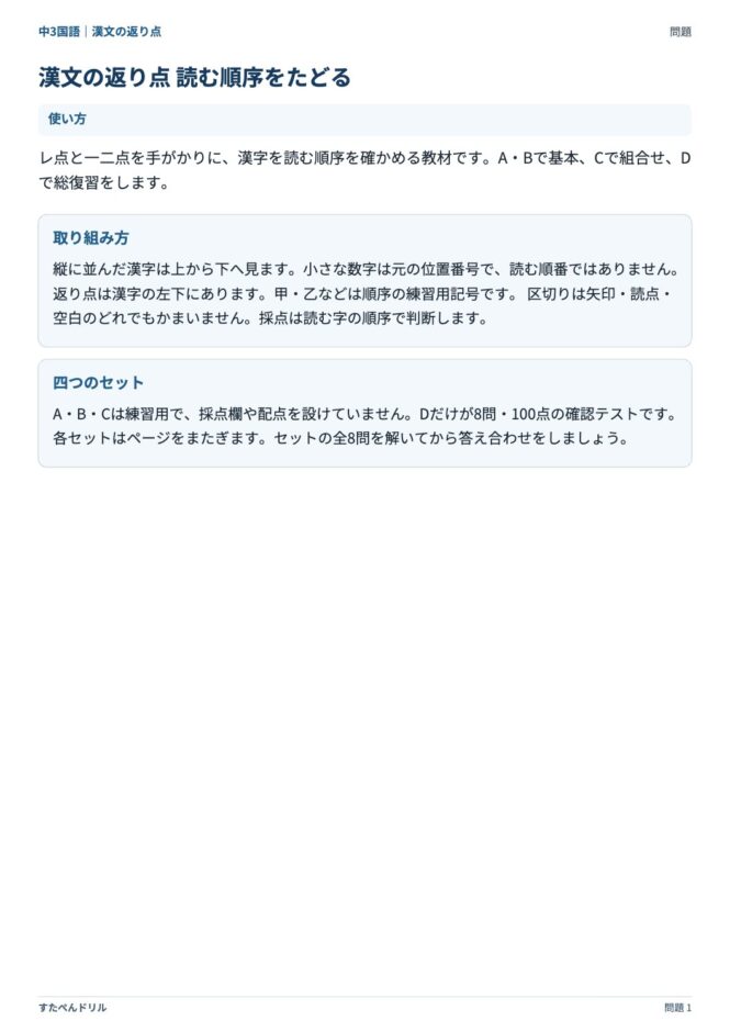 中3国語「漢文の返り点」の問題プリント 1ページ目｜使い方