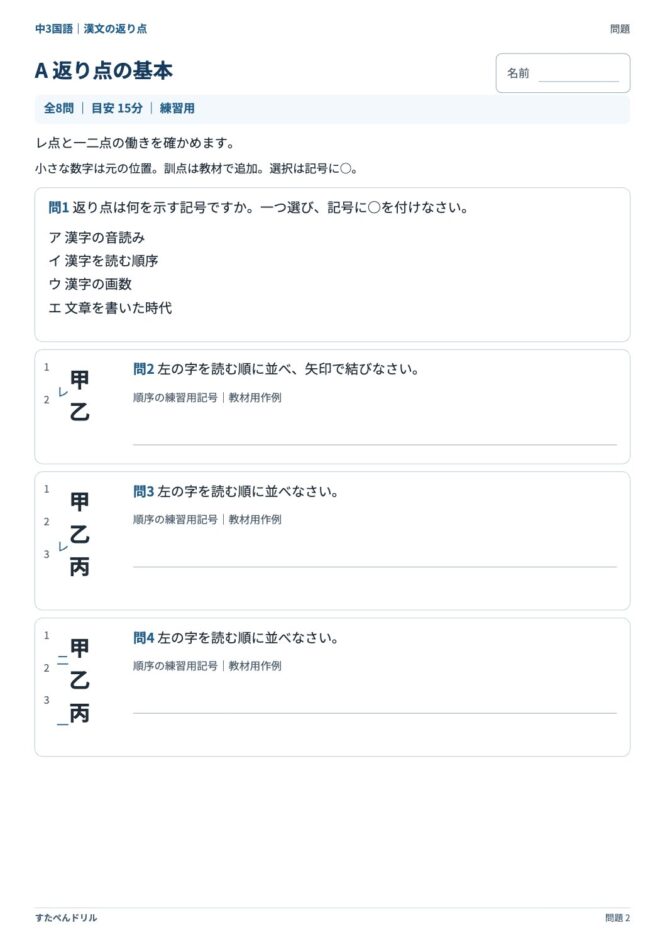 中3国語「漢文の返り点」の問題プリント 2ページ目｜A 返り点の基本