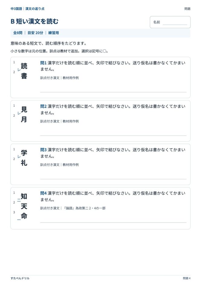 中3国語「漢文の返り点」の問題プリント 4ページ目｜B 短い漢文を読む