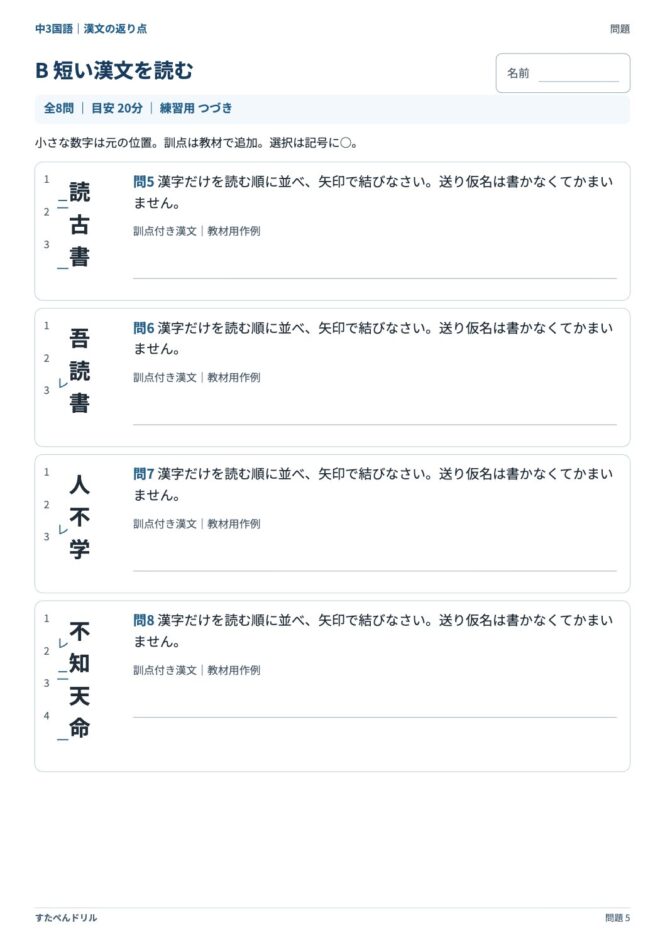 中3国語「漢文の返り点」の問題プリント 5ページ目｜B 短い漢文を読む