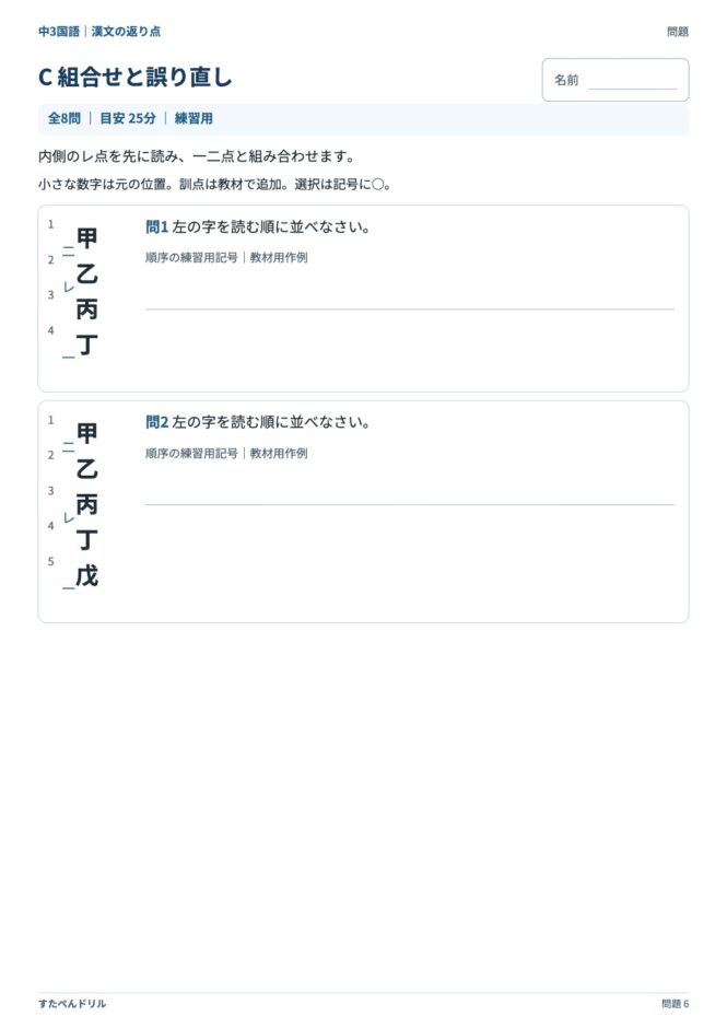 中3国語「漢文の返り点」の問題プリント 6ページ目｜C 組合せと誤り直し
