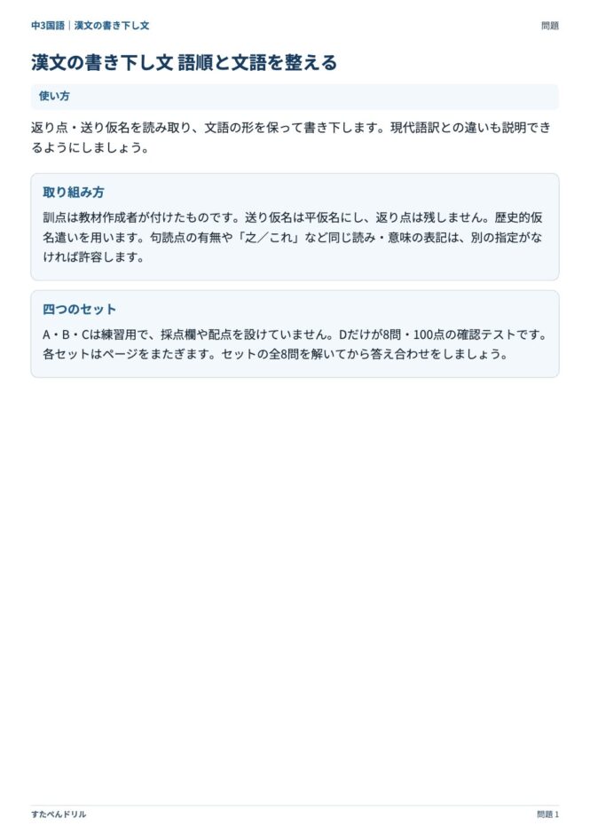 中3国語「漢文の書き下し文」の問題プリント 1ページ目｜使い方