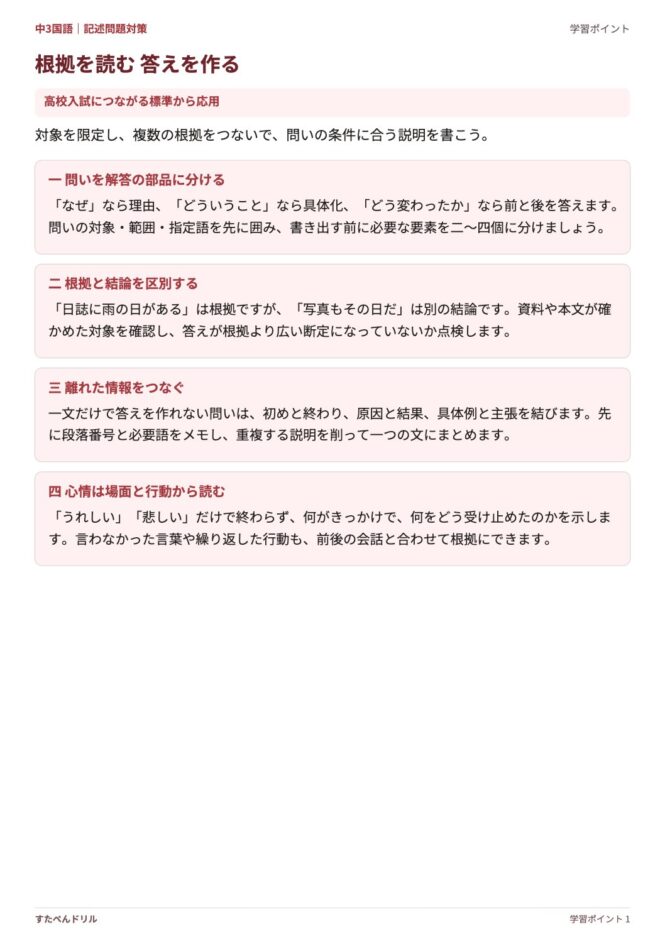 中3国語「記述問題対策」の学習ポイントプリント|問いを部品に分けて根拠から答えを作る手順