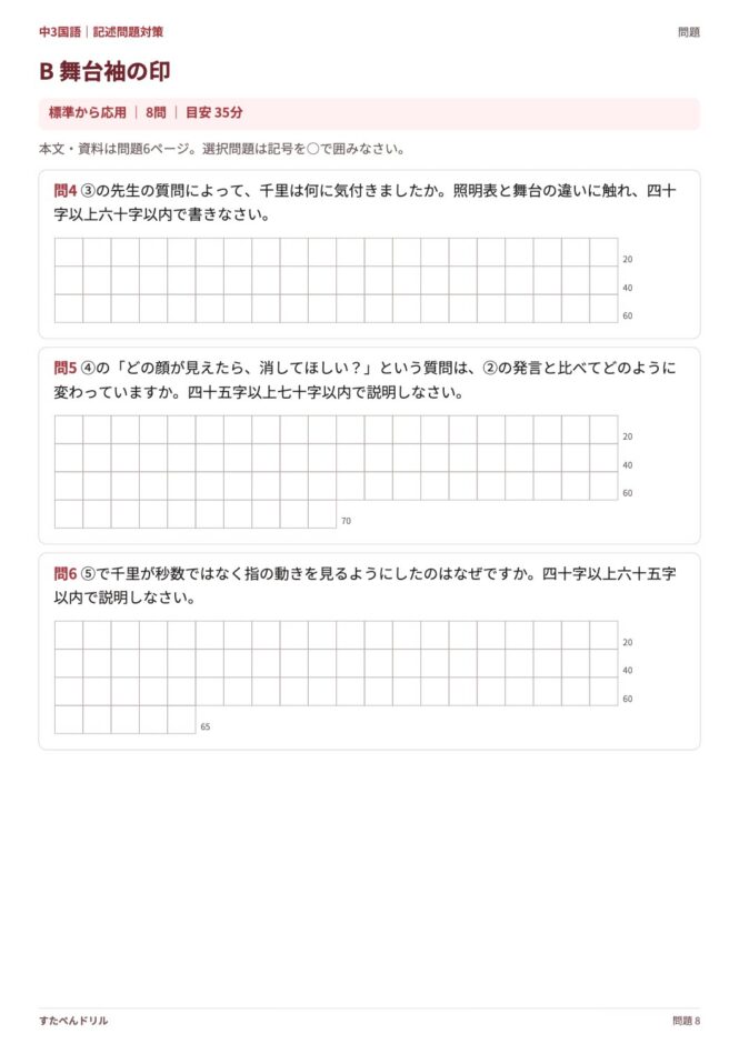 中3国語「記述問題対策」の問題プリント 8ページ目｜B 舞台袖の印（設問）