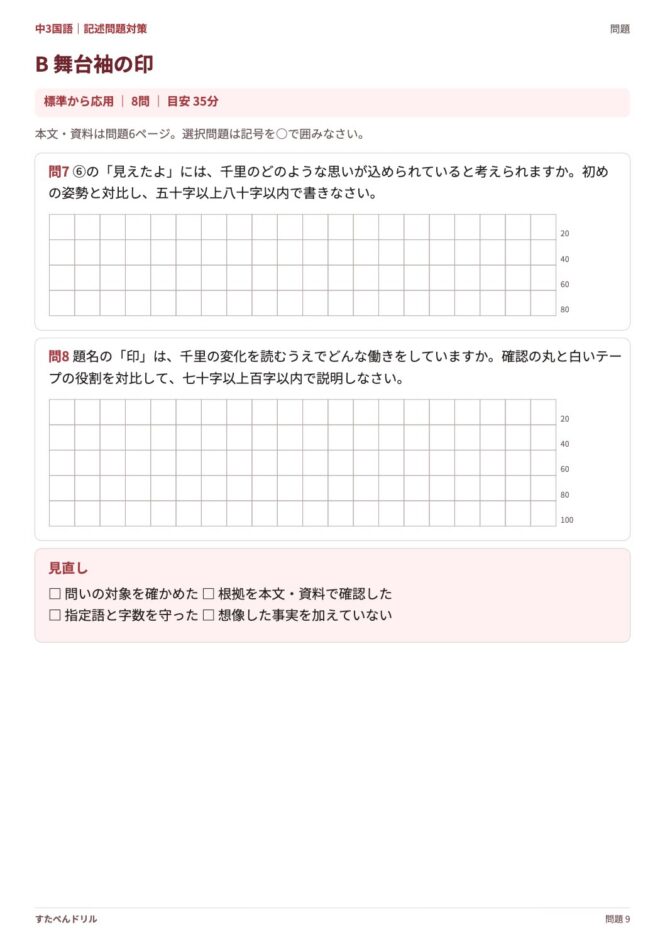 中3国語「記述問題対策」の問題プリント 9ページ目｜B 舞台袖の印（設問）