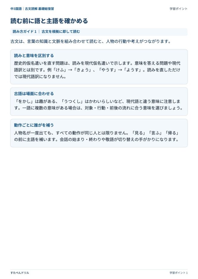 中3国語「古文読解 基礎総復習」の学習ポイントプリント|読みと意味の区別・古語・主語の補い方