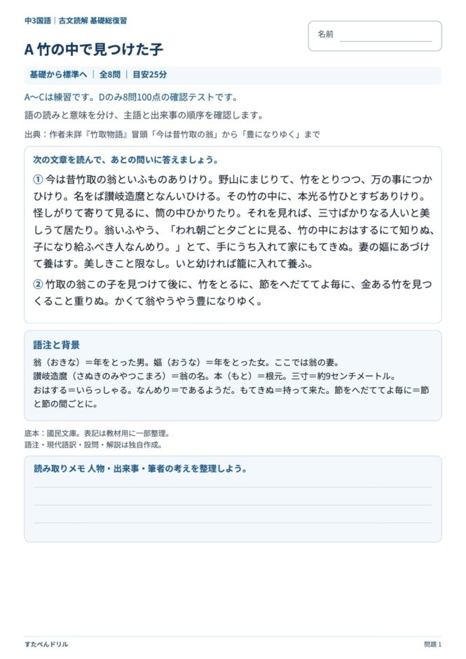 中3国語「古文読解 基礎総復習」の問題プリント 1ページ目｜A 竹の中で見つけた子（本文）