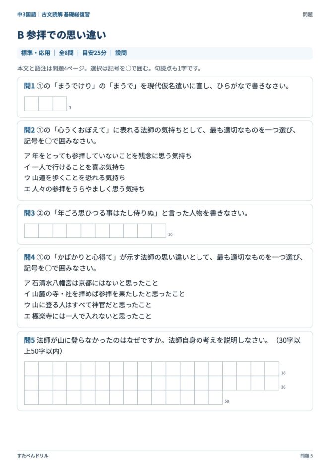 中3国語「古文読解 基礎総復習」の問題プリント 5ページ目｜B 参拝での思い違い（設問）