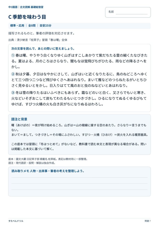 中3国語「古文読解 基礎総復習」の問題プリント 7ページ目｜C 季節を味わう目（本文）